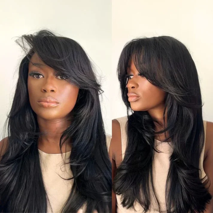 Limited Design | Blow Out Layered Cut C Part Glueless 5×5 Closure HD Lace Wig with Bangs