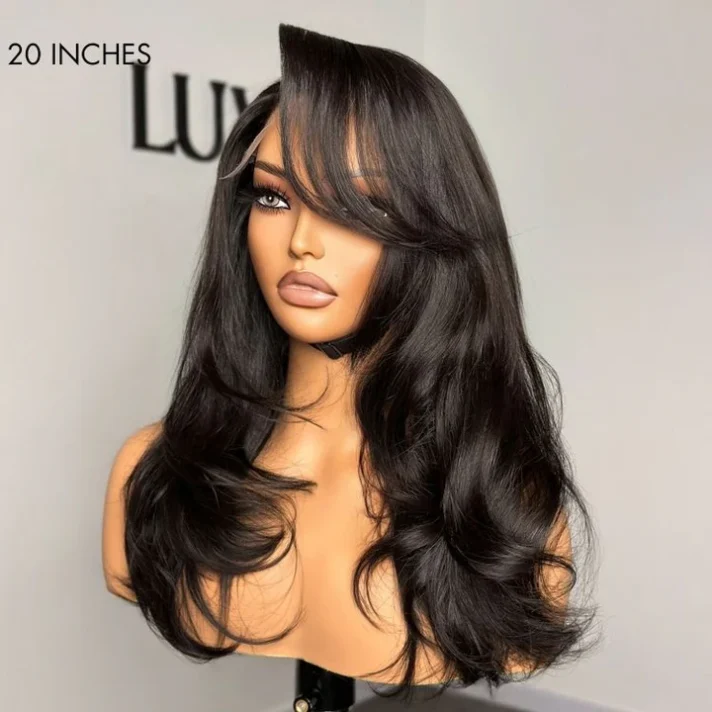 Limited Design | Blow Out Layered Cut C Part Glueless 5×5 Closure HD Lace Wig with Bangs